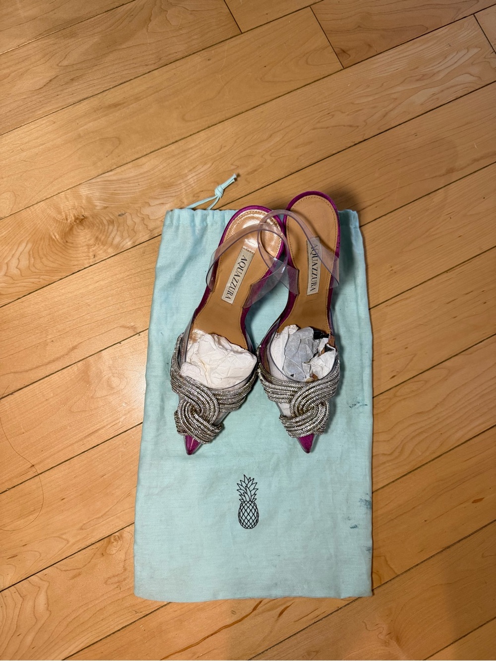 Aquazzura Gatsby Sling Metallic Silver and Pink Embelished Heels